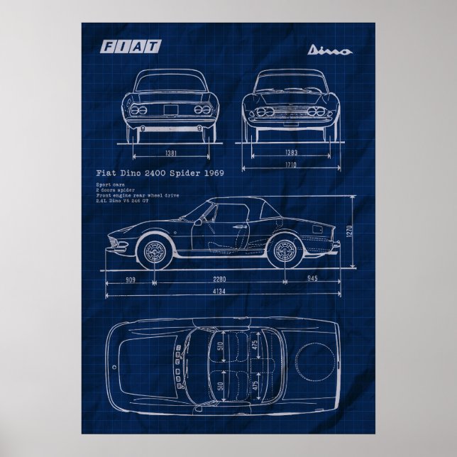 blåtrycksfiat dino 2400 spinder poster (Framsidan)