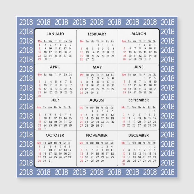 Blått 2018 Calendar kvadrerar det magnetiska (Framsida)