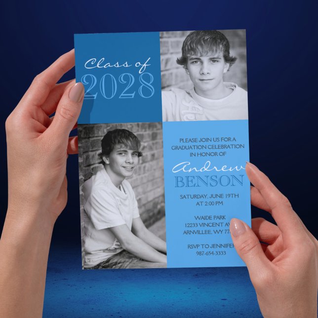 Blått 2 tonat klassiskt 2 foto Studenten Inbjudningar (Classic 2 Photo 2 Toned Blue Graduation Invitations)