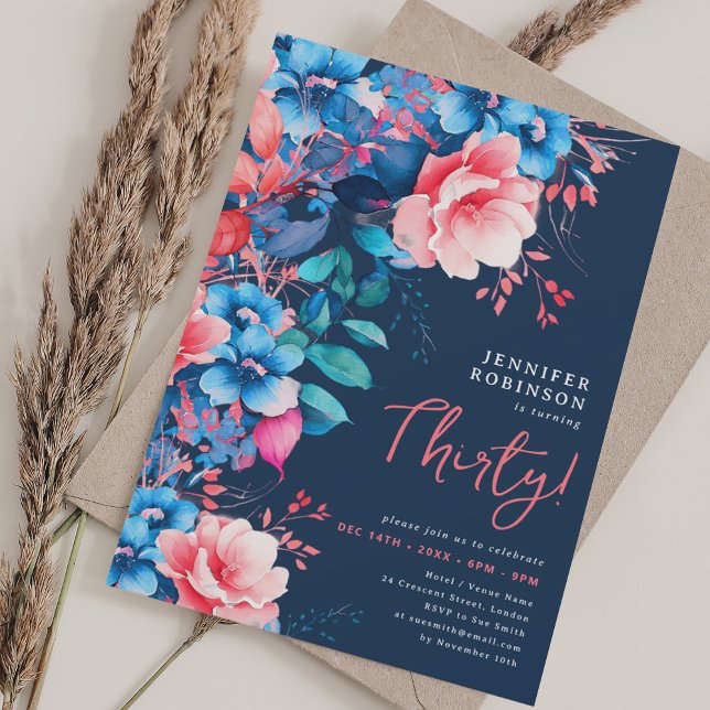 Blått 30års födelsedag i Blommigt med ljusfärgsfär Inbjudningar (Bright Watercolor Floral 30th Birthday Navy Blue Invitation)