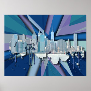 Blått 3D för New York City horisont Poster