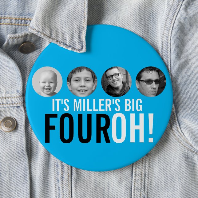 Blått 40:e fjärde OH! foto för fyrtioårsdag Knapp (In Situ)