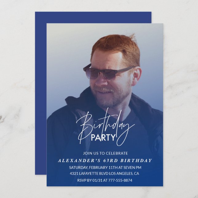 Blått 63-dagars inbjudan - Födelsedagsfest Foto (Fram/baksida)