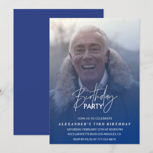 Blått 73-dagars inbjudan - Födelsedagsfest Foto (Fram/baksida)