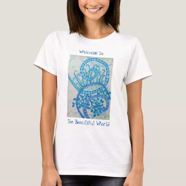 Blått abstrakt spiral och växter tee shirt (Framsida)