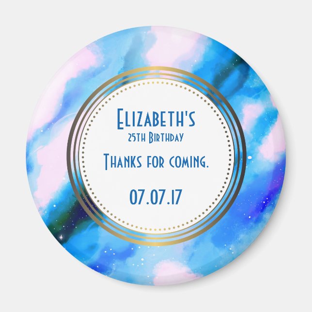 Blått Abstrakt W/ Guld Circle Birthday Tack Magnet (Framsidan)