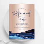 Blått agenter i ro Guld vid Pension Party Inbjudningar<br><div class="desc">Partiinbjudan till pension går till marinblått och ro guld. Elegantens moderna utformning med royal blue water agate marble geode-bakgrund,  faux glitter ro guld och typography-skript. Trendig inbjudan-kortets perfekt för en snyggt kvinnas pension firande. Skrivna Zazzle-inbjudningar eller digital utskrivbar mall för omedelbar nedladdning.</div>