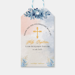 Blått akrylfärg blomstermotiv Pojke Dop Favorabelt Presentetikett