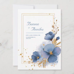 Blått akrylfärg Guld Folie Blommig Elegant Bröllop Inbjudningar