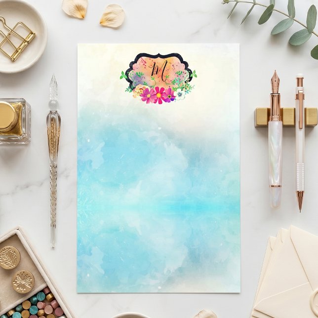 Blått akrylfärg ljust blomster krön monogram brevpapper (Skapare uppladdad)