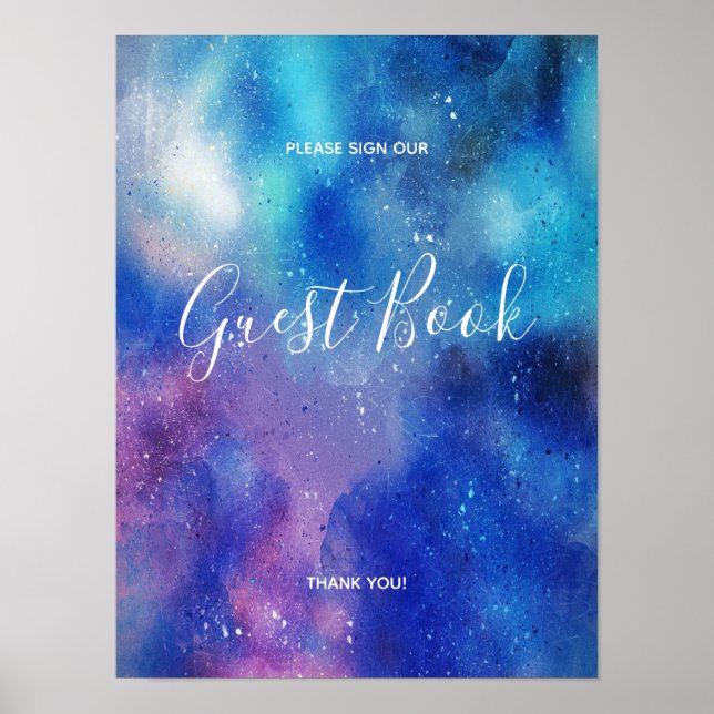 Blått akrylfärgskonfetti gästbok signer poster (Framsidan)