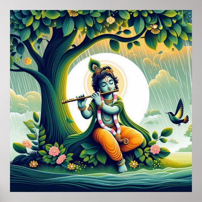 Blått akvarell abstrakt affisch av Lord Krishna (Framsidan)