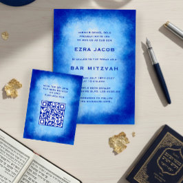 Blått akvarell anpassad QR-kod Bar Bat Mitzvah Tilläggskort