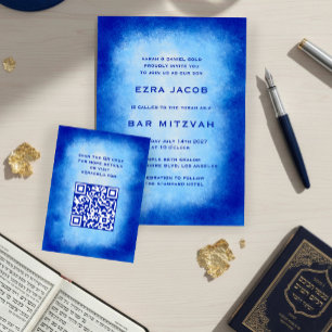 Blått akvarell anpassad QR-kod Bar Bat Mitzvah Tilläggskort
