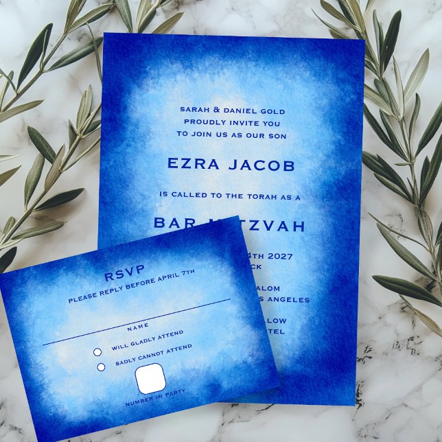 Blått akvarell anpassat Bar Bat Mitzvah OSA Kort (Blue Watercolor Custom Bar Bat Mitzvah RSVP Card
)