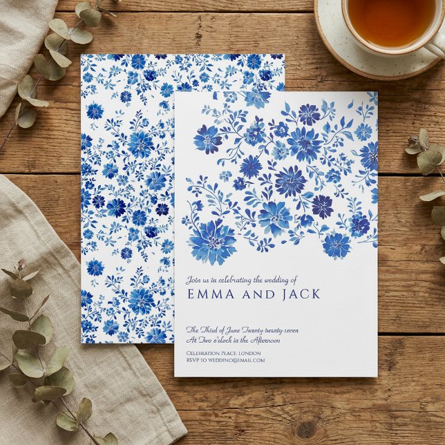 Blått akvarell blommande bröllopsinbjudan inbjudningar (Blue Watercolor Floral Wedding Invitation)