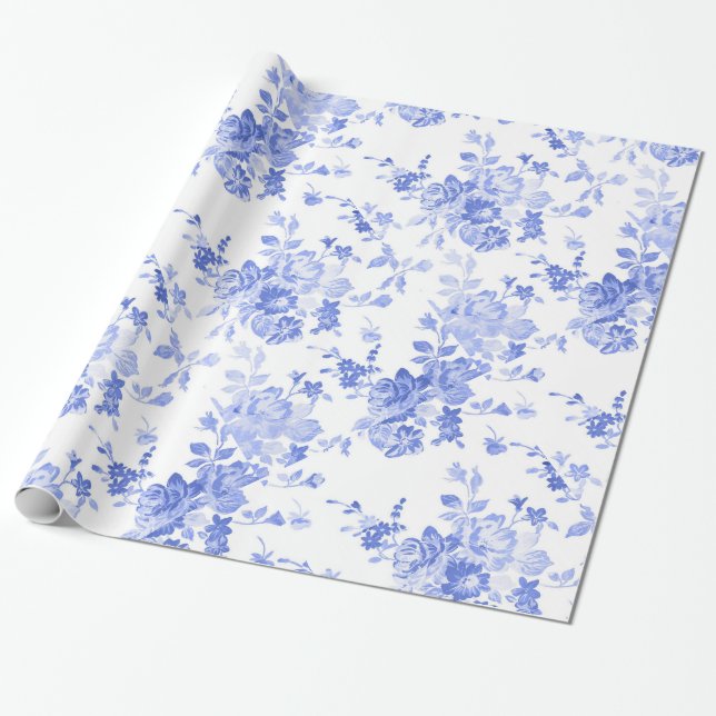 Blått akvarell blomsterträdgård presentpapper (Utrullad)