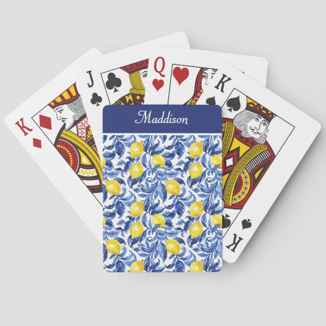 Blått akvarell citronmönster monogram casinokort (Baksidan)
