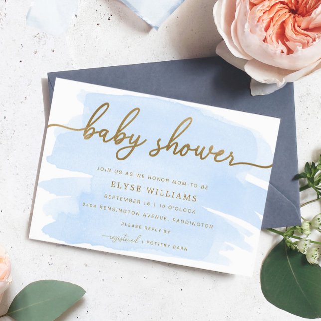 Blått akvarell-guld-barnkalasinbjudan inbjudningar (Baby Shower Invitation Blue Watercolour Gold)