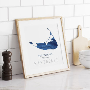 Blått akvarell Nantucket kart Familjsetablerad Poster