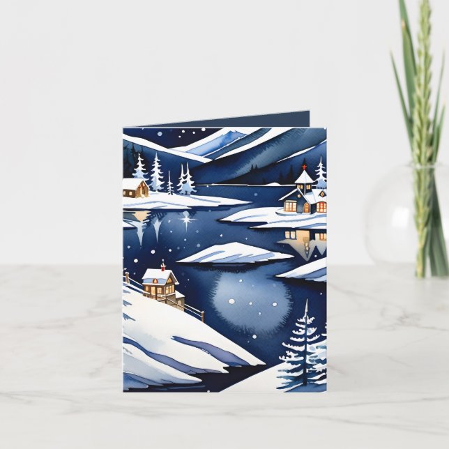 Blått akvarell nordiskt julfirande vid sjö med vik helgkort (Framsida)