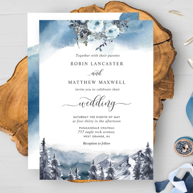 Blått akvarell och Blue Mountains bröllop Inbjudningar (Skapare uppladdad)