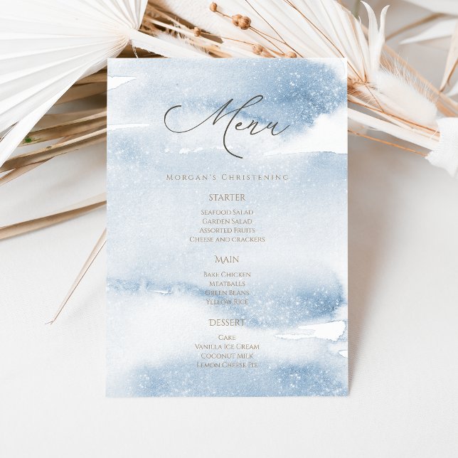 Blått akvarell pojke dop meny kort (Blue Watercolor Boy Christening Menu Card)