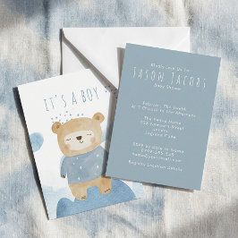 Blått akvarell sovig teddybjörn Baby Shower Inbjudningar
