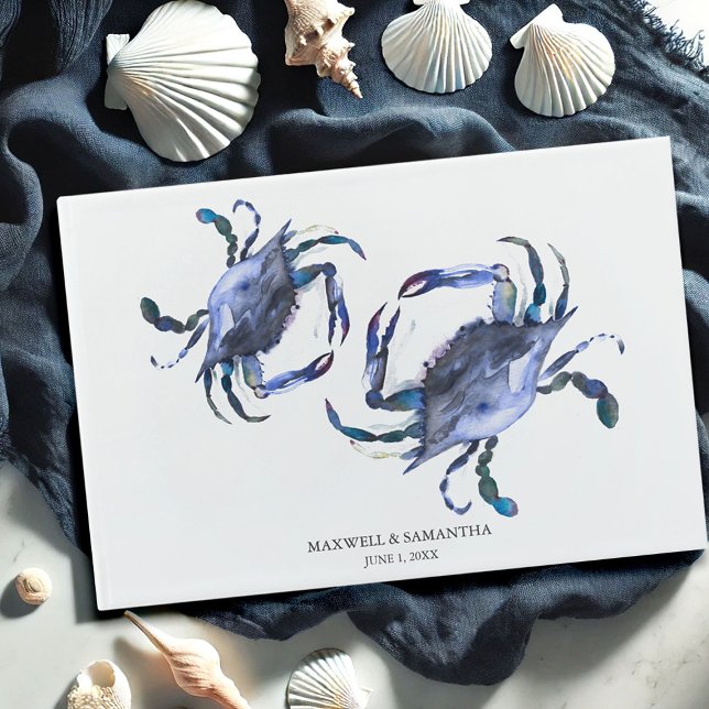 Blått akvarell strandbröllop gästbok (beach wedding guest book watercolor crabs by Victoria Grigaliunas Do Tell A Belle)