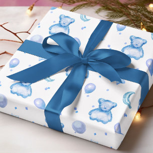 Blått akvarell Teddybjörn Ballong Baby Pojke Presentpapper