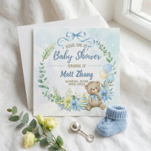Blått akvarell Teddybjörn Botanisk Bebis Shower