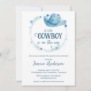 Blått akvarell västerländsk cowboyhatt baby shower inbjudningar