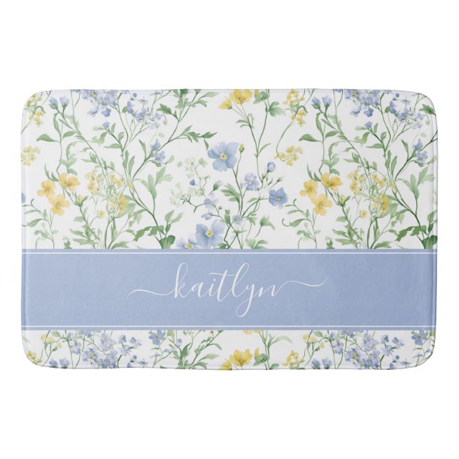 Blått akvarell vildblomma monogram badrumsmatta (Framsidan)