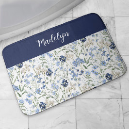 Blått akvarell vildblomma monogramnamn badrumsmatta