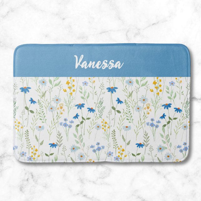 Blått akvarell vildblomma monogramnamn badrumsmatta (Skapare uppladdad)