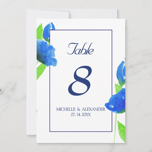 Blått akvarell vildblommor bord nummer kort (Framsida)
