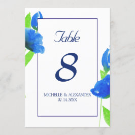 Blått akvarell vildblommor bord nummer kort