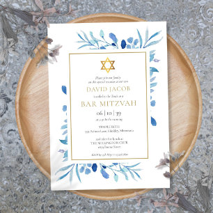 Blått akvarellblad Bar Mitzvah Bat Mitzvah Inbjudningar