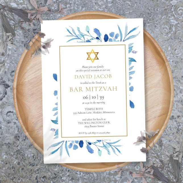 Blått akvarellblad Bar Mitzvah Bat Mitzvah Inbjudningar (Blue Watercolor Foliage Bar Mitzvah Bat Mitzvah Invitation)