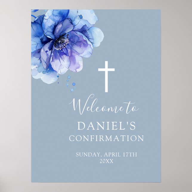 Blått akvarellblommigt bekräftelse välkomstskylt poster (Framsidan)
