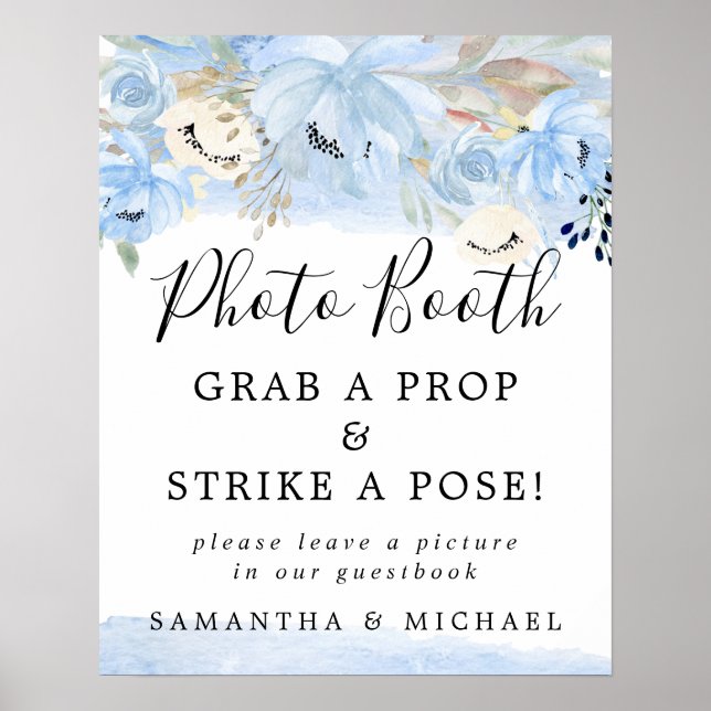 Blått akvarellblommigt fotobutiksskylt för bröllop poster (Framsidan)