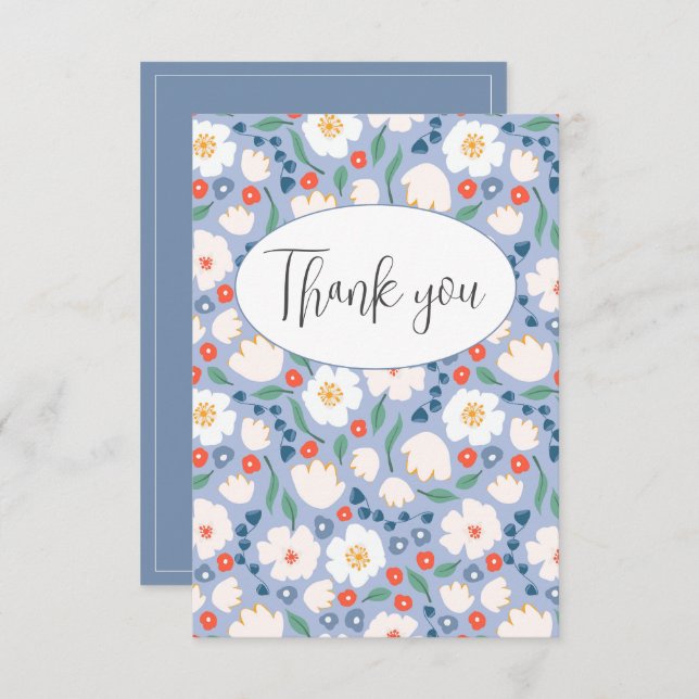 Blått akvarellblommigt platt tackkort tack kort (Fram/baksida)