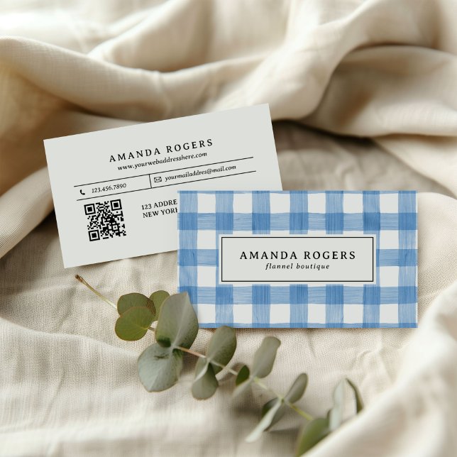 Blått akvarellbuffelplaid QR-kod FLANELL Visitkort (Skapare uppladdad)