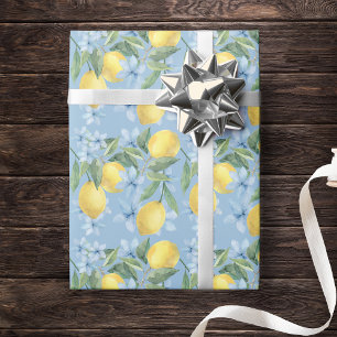 Blått akvarellcitron och blommor presentpapper