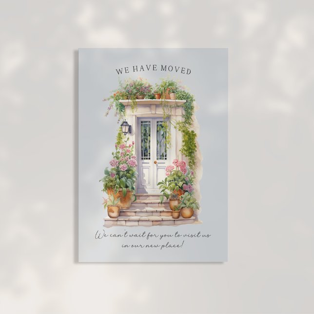 Blått akvarellfärgat ytterdörr ny adress meddelande vykort (Skapare uppladdad)