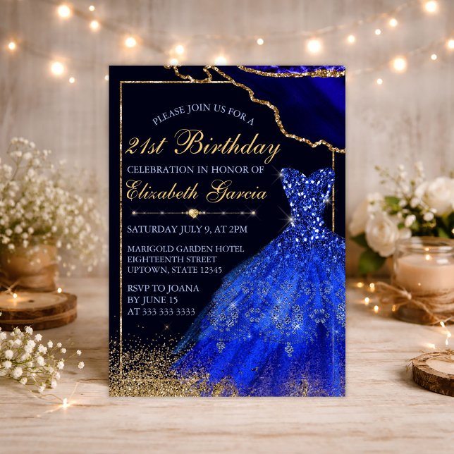 Blått akvarellklänning & agat 21-års födelsedag inbjudningar (Skapare uppladdad)