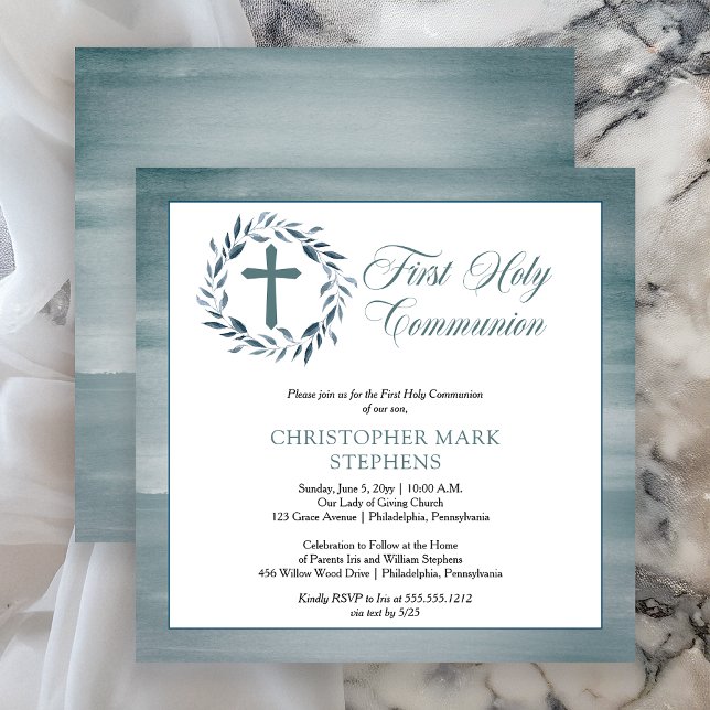Blått akvarellkrans Pojke Första heliga kommunion Inbjudningar (Elegant Blue Watercolor Wreath Boy First Holy Communion Invitation)