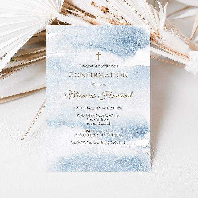 Blått akvarellpojke bekräftelse inbjudningskort (Blue Watercolor Boy Confirmation Invitation Card)