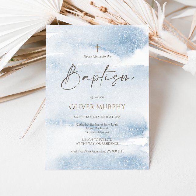 Blått akvarellpojke dop inbjudningskort (Blue Watercolor Boy Baptism Invitation Card)