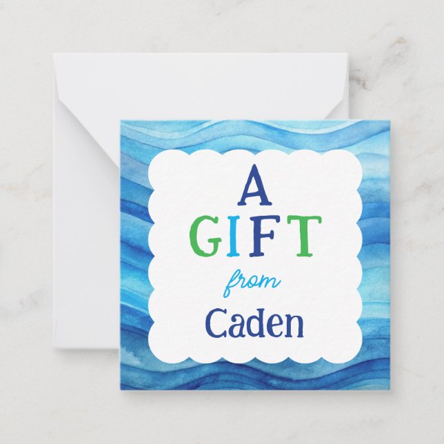 Blått akvarellpresent från pojkar medföljande kort (Framsida)
